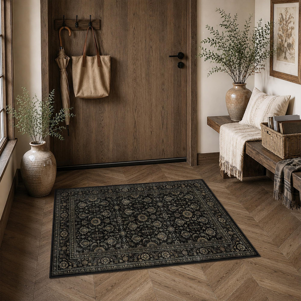 JOOJA 8x10 Dark Brown Vintage Soft Low Pile Non Slip Boho Washable Area Rug