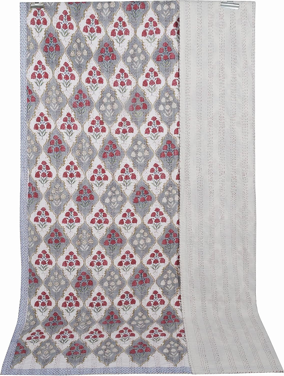 YUVANCRAFTS Indian Hand Block Print Kantha Quilt Queen Size Bedspread Blanket Cotton Bed Cover Vintage Boho Floral Print (Queen 90 X 108 Inch, White 3)