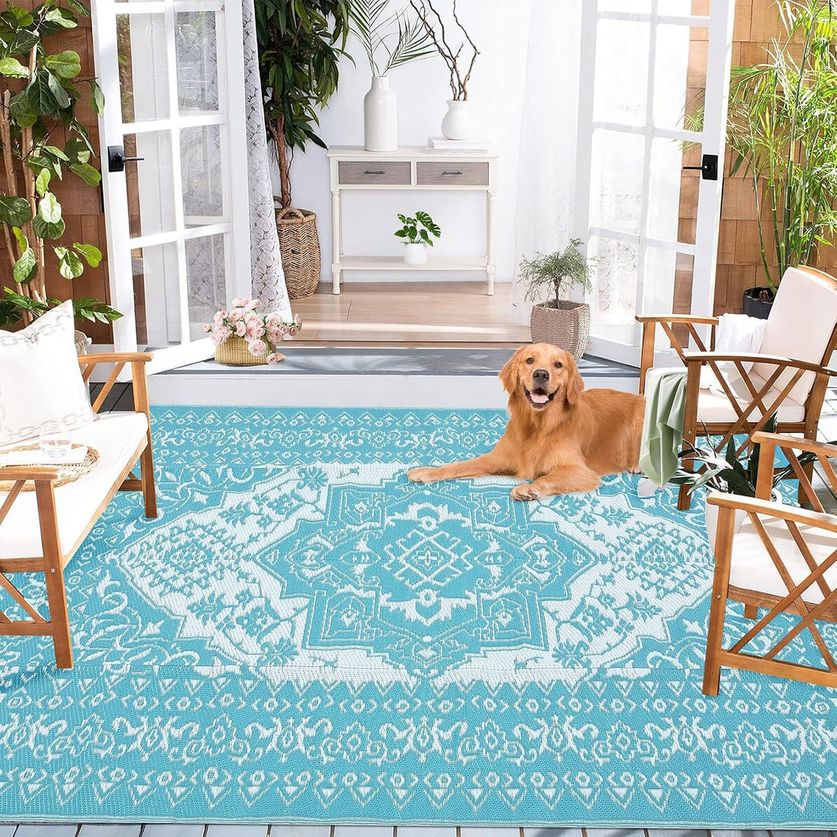 Outdoor Rugs 9x18 Reversible Mats Outdoor Plastic Straw Rug Waterproof Patio Rug Vintage Reversible Mats for Rv Deck Balcony Picnic, Beach, Trailer, Camping, Vintage|Light Blue