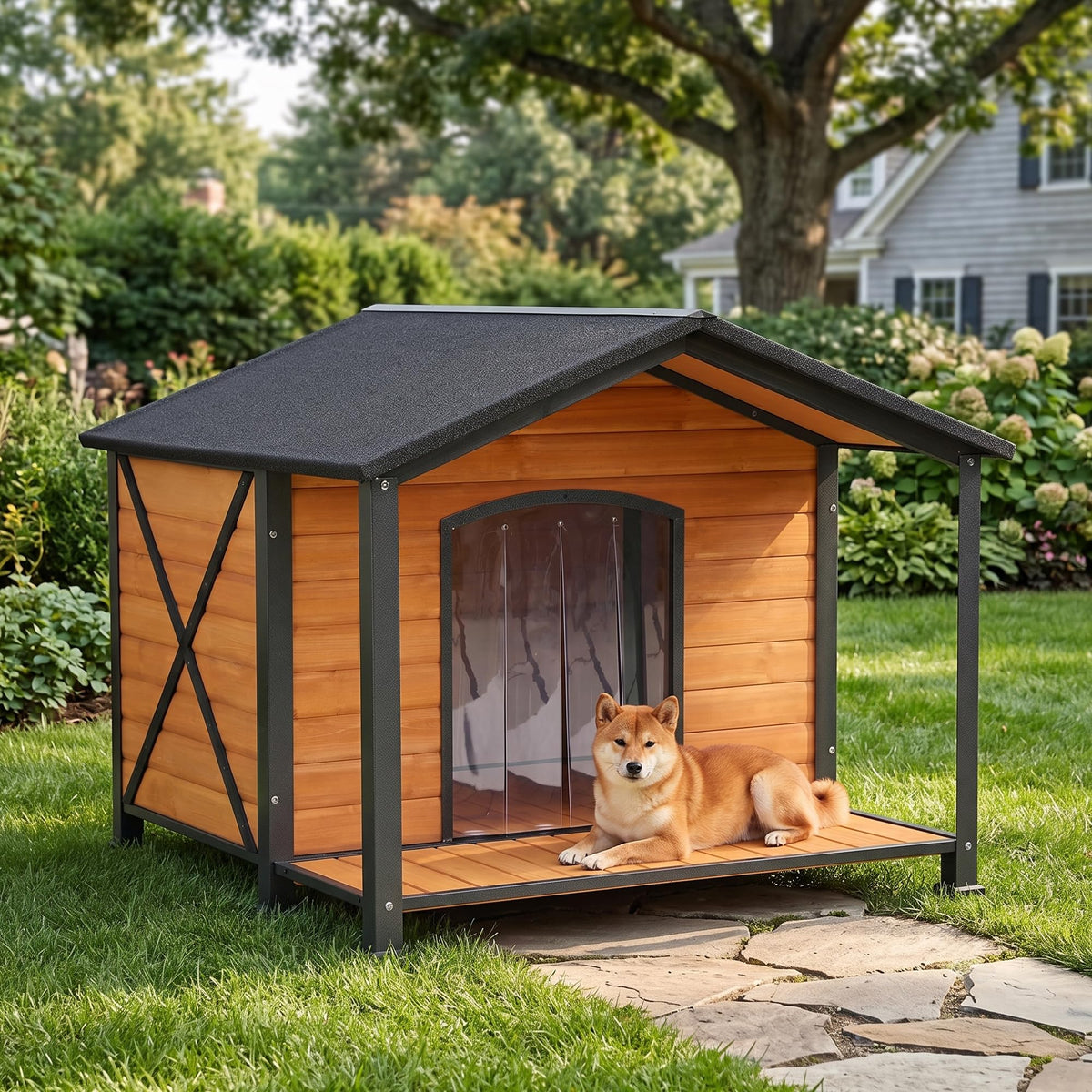 Heated Dog House, Outdoor Dog House Insulated for Winter with Heating Pad, Weatherproof Wooden Dog Kennel with Porch, Iron Frame, Asphalt Roof & Removable Floor