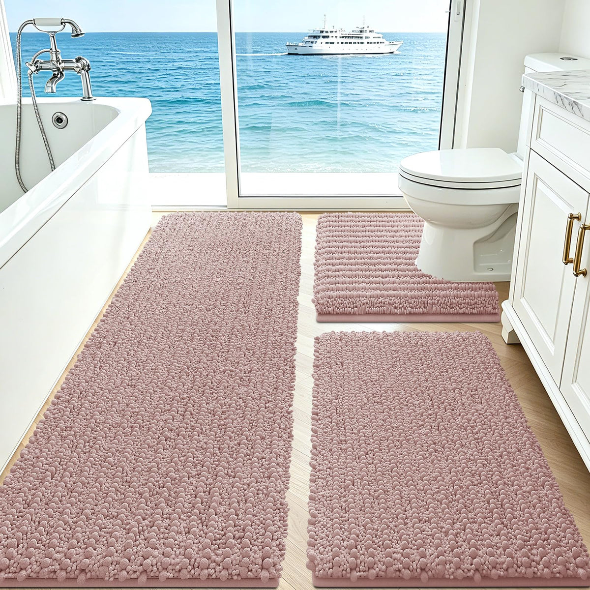 ACCUMTEK Upgrade Extra Large Black Bathroom Rug Set 3 Pieces Ultra Soft, Thick Absorbent Bath Mats, Non Slip Chenille Toilet Mat for Bathroom, Bedroom, Kitchen