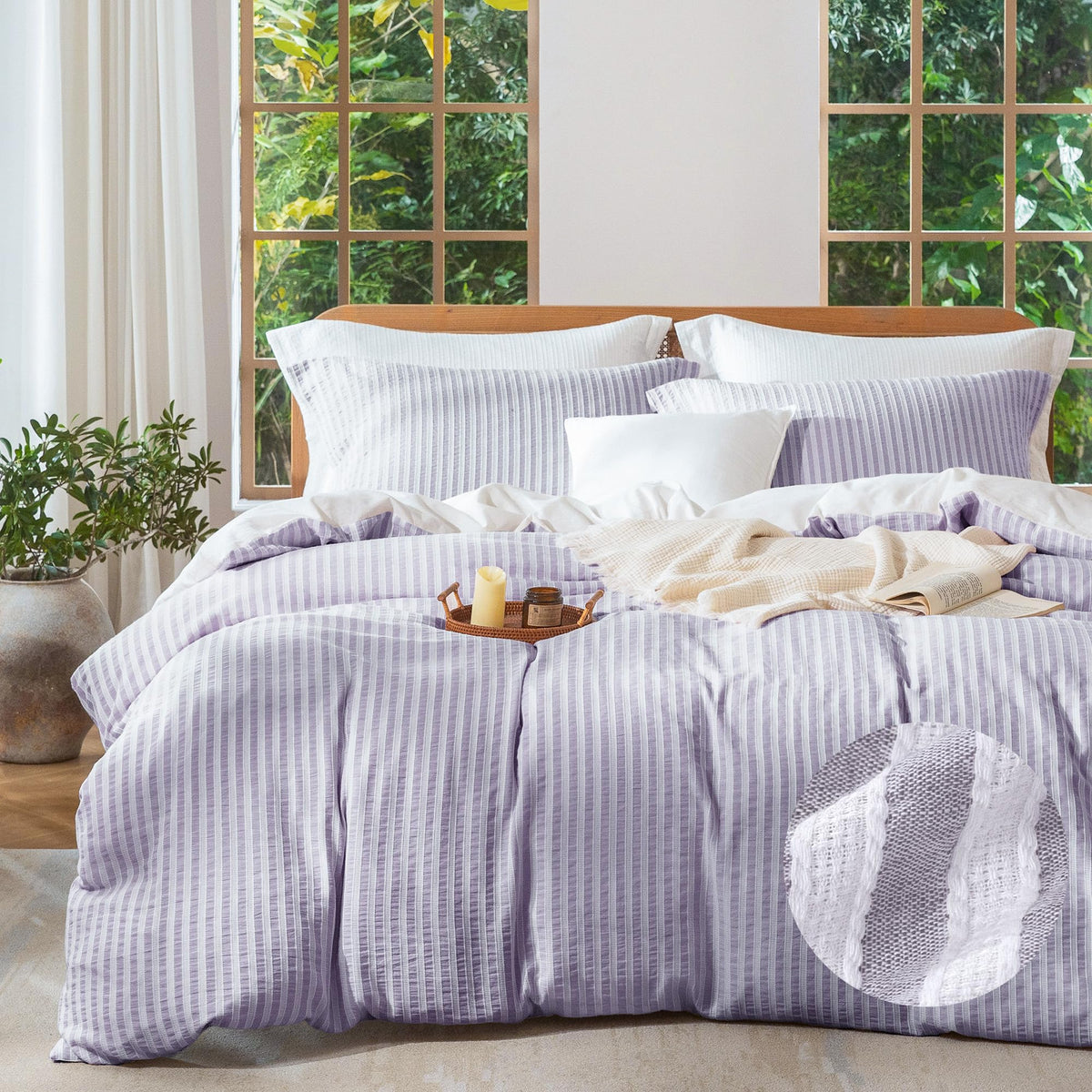 MILDLY Jacquard Striped Duvet Cover Set 3pcs Dual Zipper Pink Queen