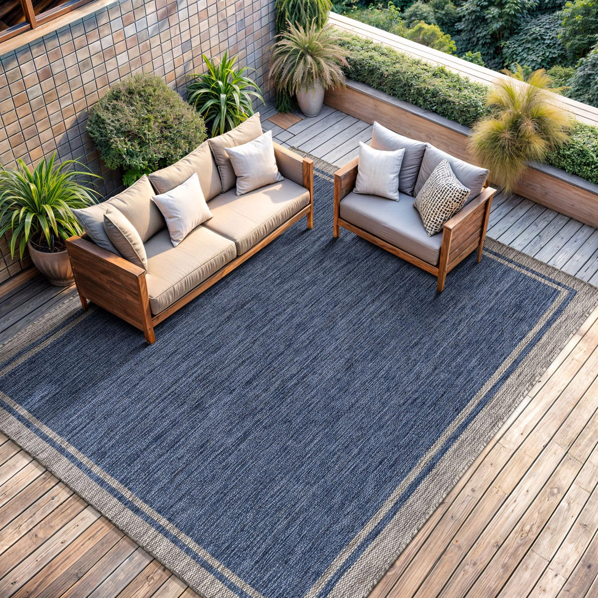 CAMILSON Outdoor Rug 6x9, Modern Outside Rugs for Patios Porches Waterproof Durable Washable Non-Shedding, Easy-to-Clean Indoor Outdoor Area Carpet (6 x 9, Bordered - Blue/White)