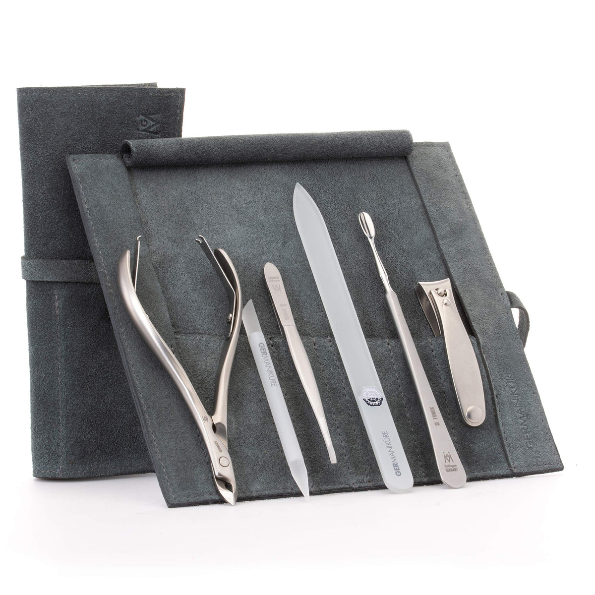 GERMANIKURE 7pc Manicure & Pedicure Set, FINOX Steel, Purple Leather Roll