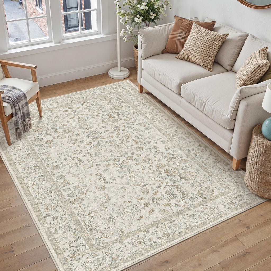 PureCozy Blue 6x6 Round Area Rug Vintage Washable Carpet Non Slip