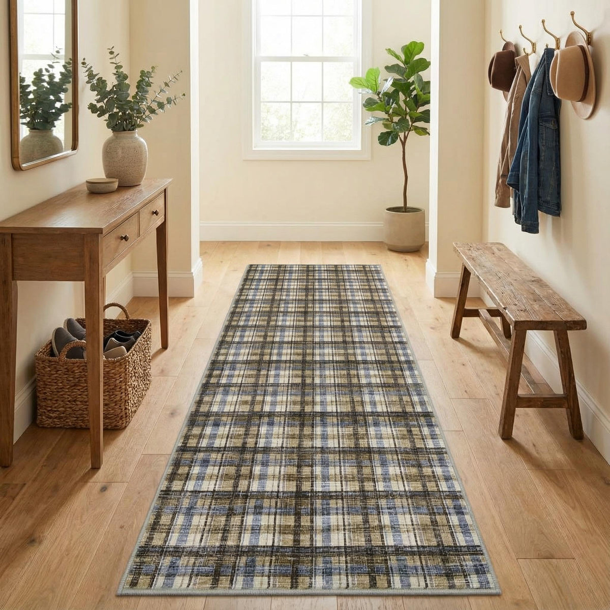 Modern Washable 8x10 Area Rug - Soft, Non-Slip, Stain Resistant, Farmhouse Tartan Plaid for Living Room, Bedroom, Nursery, Office - Beige