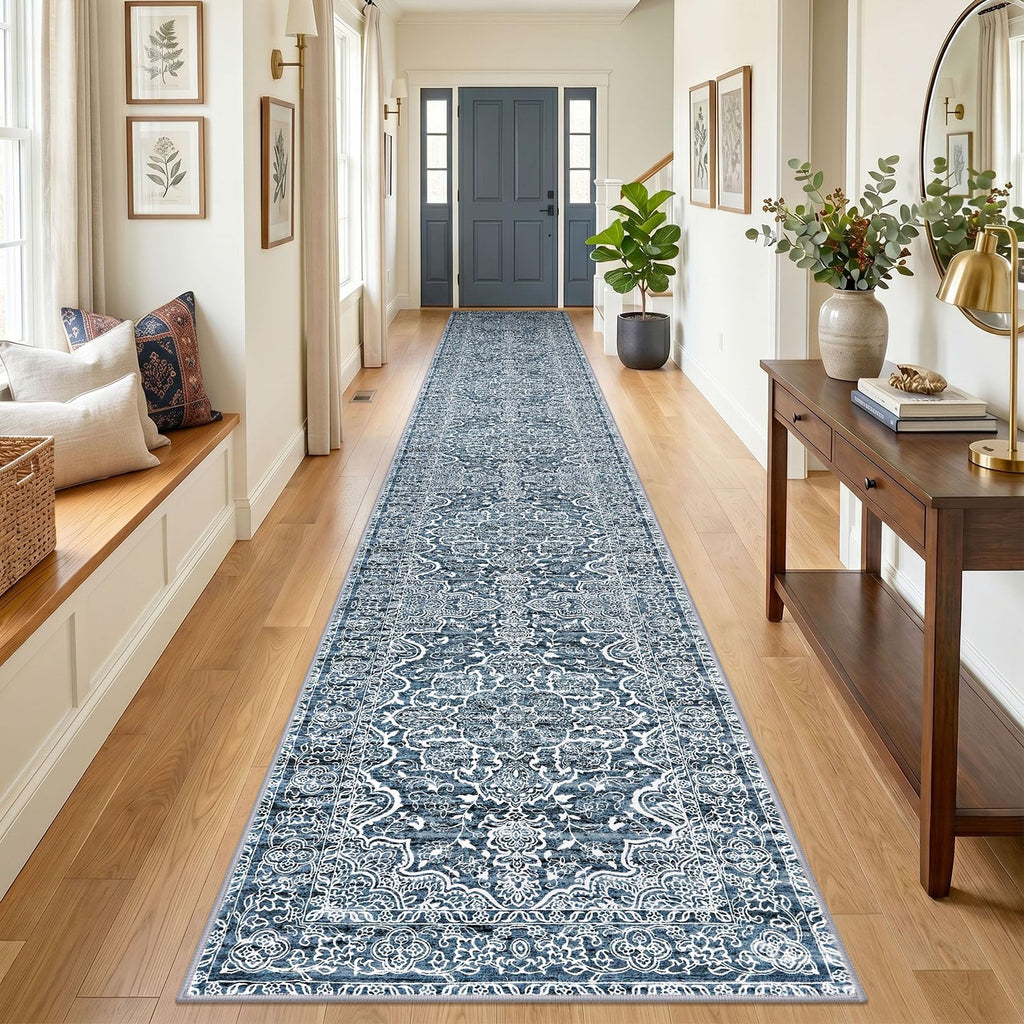 KUTA Vintage Extra Long Runners for Hallways 2.6x18ft Washable Blue White