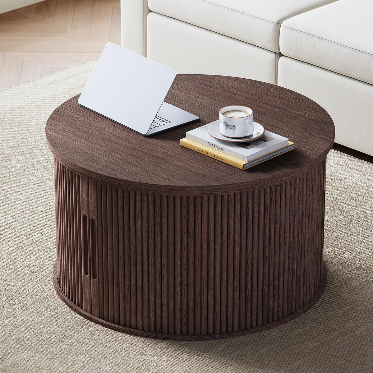 LINSY Lift Top Coffee Table, Round Fluted Coffee Table with Storage, Mid Century Modern Wooden Coffee Tables with Sliding Tambour Door, 31.5" Center Table for Living Room, Office, Small Space, Walnut