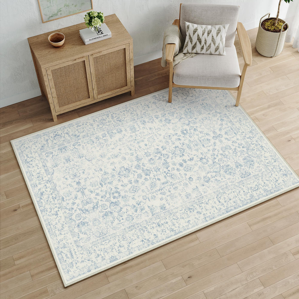 PureCozy Blue 6x6 Round Area Rug Vintage Washable Carpet Non Slip