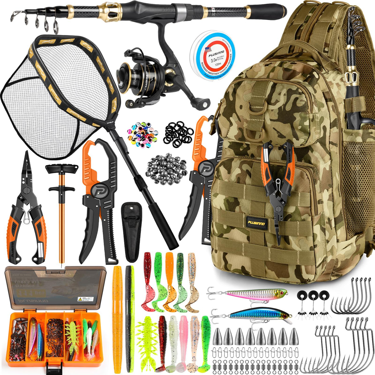 PLUSINNO Fishing Gear-Fishing Rod & Fishing Backpack, Fish Net,Tackle Box