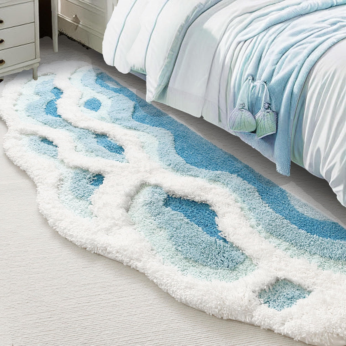 2x6 feet Shag 3D Stereo Wave Moss Bedside Rug 23"×72" Cute Navy Blue Runner Rug Non Slip Washable Bathroom Rugs Bath Mats for Bedroom Bathroom Hallway Home Decor Indoor Doormat Shower Mat