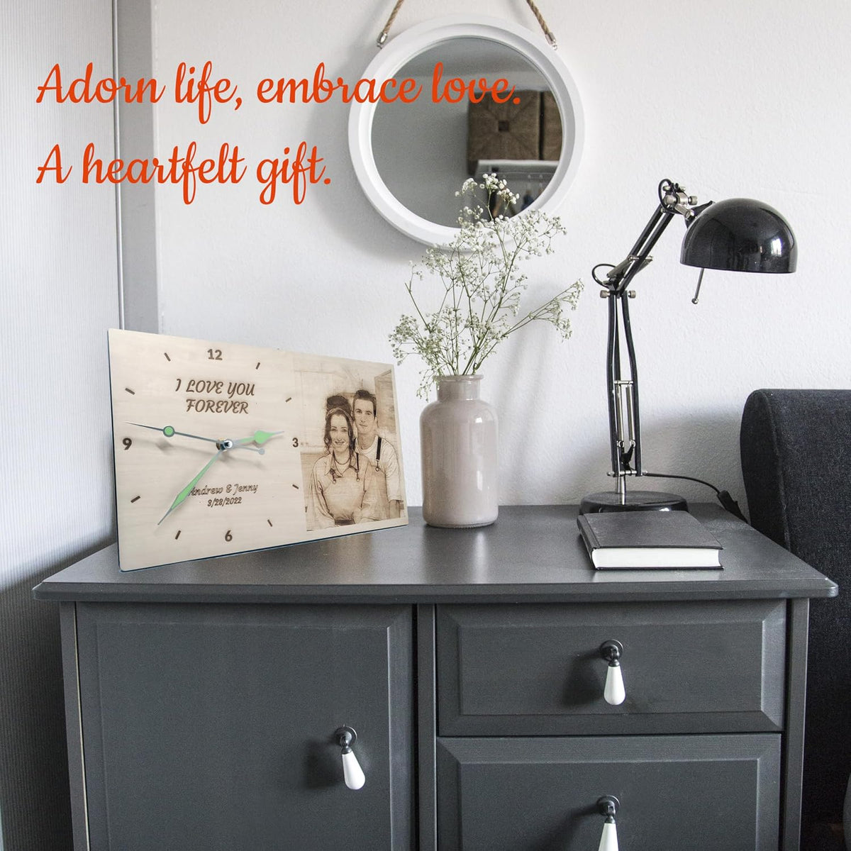Large Personalized Wooden Clock - Customizable with Photos and Text, Battery Operated