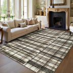 Modern Washable 8x10 Area Rug - Soft, Non-Slip, Stain Resistant, Farmhouse Tartan Plaid for Living Room, Bedroom, Nursery, Office - Beige