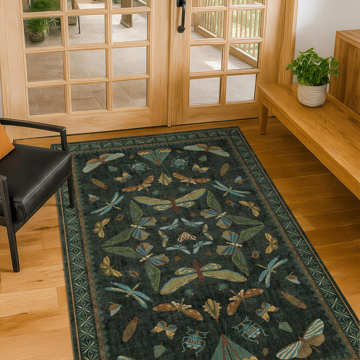 Hazo Haus Dark Green Insect Area Rugs 8x10 for Living Room, Dining Room Under Table, Bedroom, Unique Washable Floral Non Slip Low Pile Soft Rug