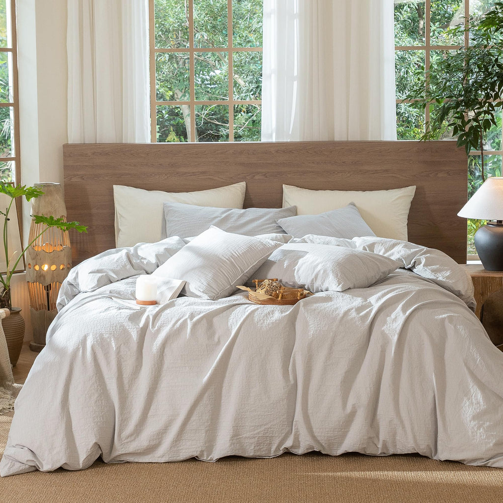 MooMee Striped Duvet Cover Set 100% Washed Cotton Linen Like Queen