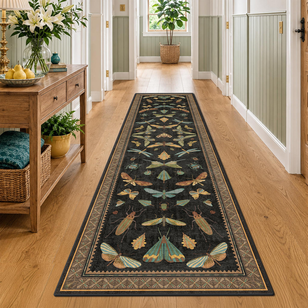 Hazo Haus Dark Green Insect Area Rugs 8x10 for Living Room, Dining Room Under Table, Bedroom, Unique Washable Floral Non Slip Low Pile Soft Rug