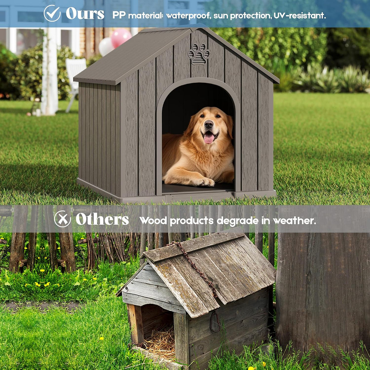 Fancyango Large Dog House Outdoor Indoor for Medium Large Dogs, Sturdy Plastic Waterproof Doghouse with Air Vents and Elevated Floor, Easy Clean and Assemble (Grey, 36.2''L×38''W×38''H)