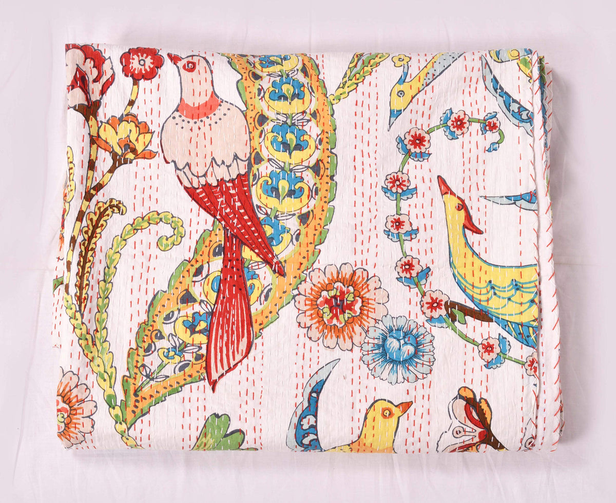 Indian Floral Print TwinQueen/King Size Kantha Quilt Kantha Blanket Bed Cover Kantha Bedspread Bohemian Bedding Kantha Blanket (Pink, Queen (U.S. Standard))