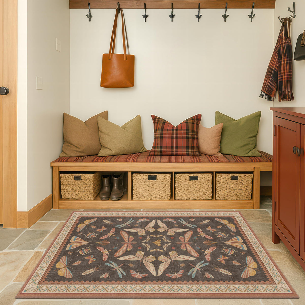 Hazo Haus Dark Green Insect Area Rugs 8x10 for Living Room, Dining Room Under Table, Bedroom, Unique Washable Floral Non Slip Low Pile Soft Rug