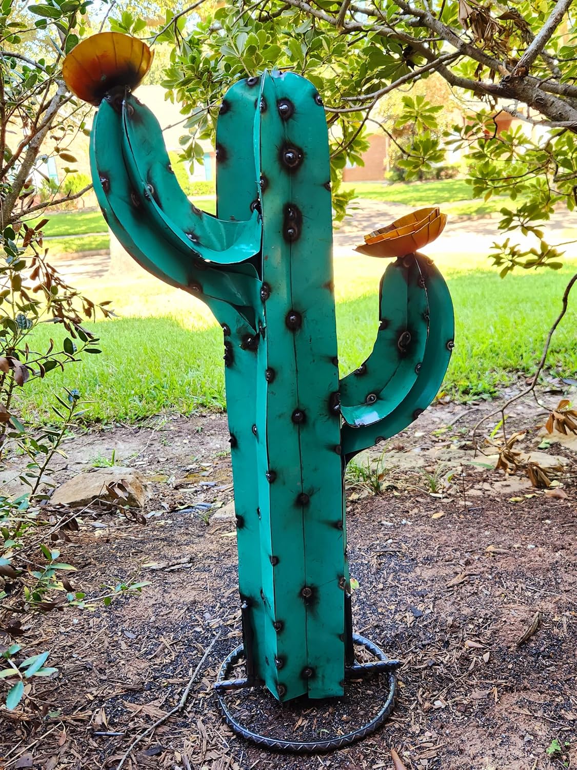 27" Rusty Metal Yard Art, Saguaro Metal Cactus Sculpture with Flower, Yard Decor (Turquoise) M002