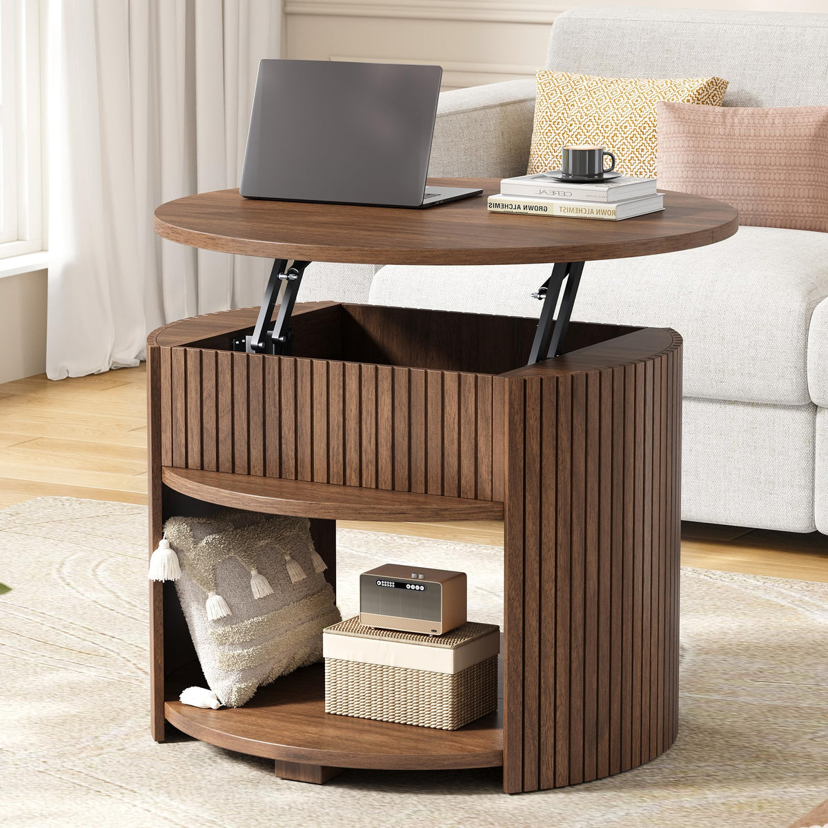 Round Lift Top Coffee Table with Storage, Fluted Mid-Century Modern Coffee Tables for Living Room, with Hidden Compartment & Open Shelves, for Small Spaces & Home Office(31.5" White Oak)