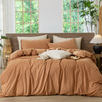 MooMee Striped Duvet Cover Set 100% Washed Cotton Linen Like Queen