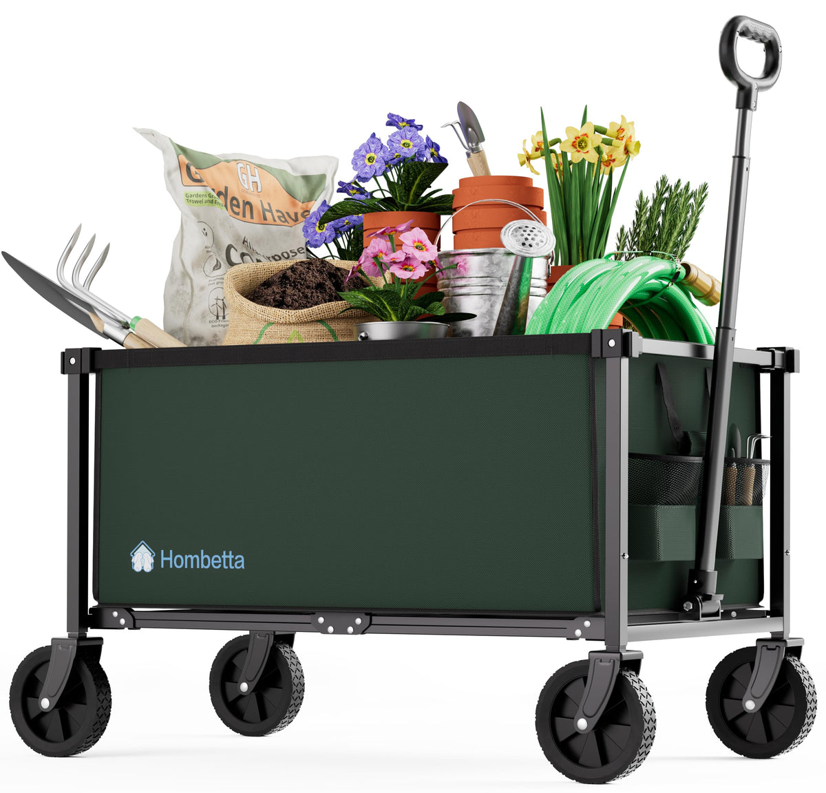 52" Heavy Duty Double Decker Wagon, 650L Collapsible Folding Wagon Cart with Brakes, 560 lbs Load, All-Terrain Big Wheels for Camping, Fishing, Sports and Transport, Black