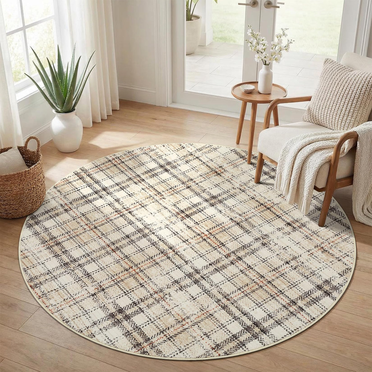 Modern Washable 8x10 Area Rug - Soft, Non-Slip, Stain Resistant, Farmhouse Tartan Plaid for Living Room, Bedroom, Nursery, Office - Beige