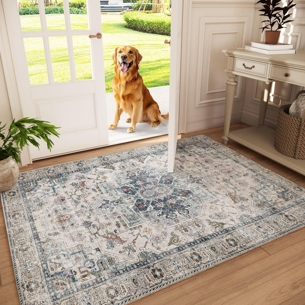 Washable Area Rugs for Living Room: 9x12 Bedroom Rug Boho Vintage Area Rug Stain Resistant Non Slip Low Pile Lightweight Soft Carpets for Dining Room Kitchen Nursery Kids Room Playroom Home Office