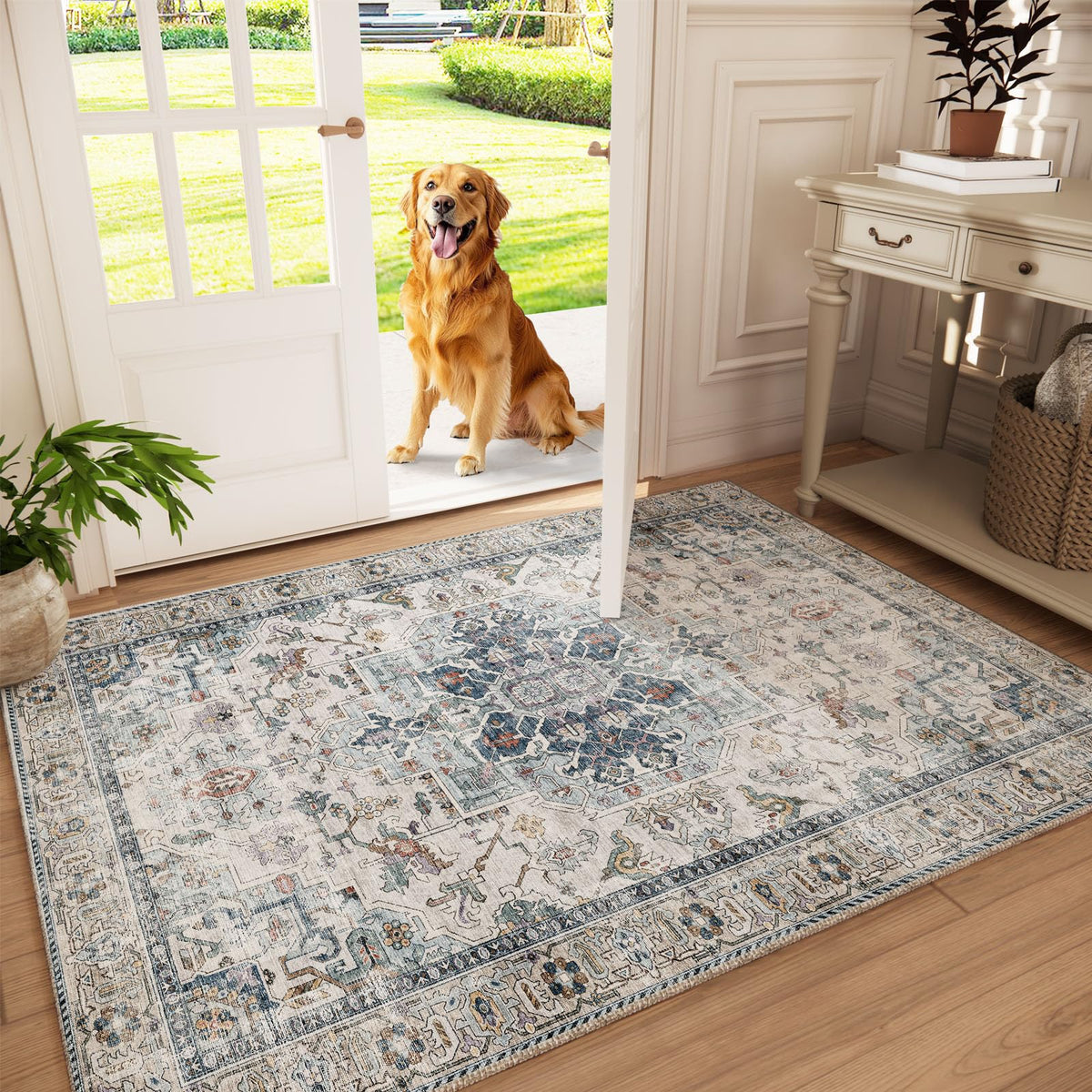 Washable Area Rugs for Living Room: 9x12 Bedroom Rug Boho Vintage Area Rug Stain Resistant Non Slip Low Pile Lightweight Soft Carpets for Dining Room Kitchen Nursery Kids Room Playroom Home Office