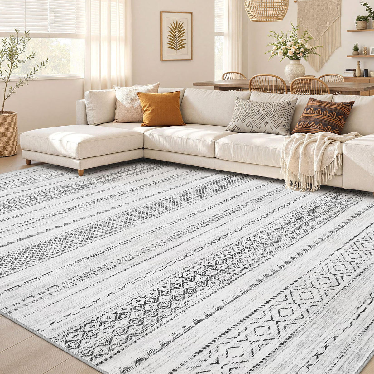 Nakagishi Boho 8x10 Area Rug Living Room Rugs Machine Washable Beige