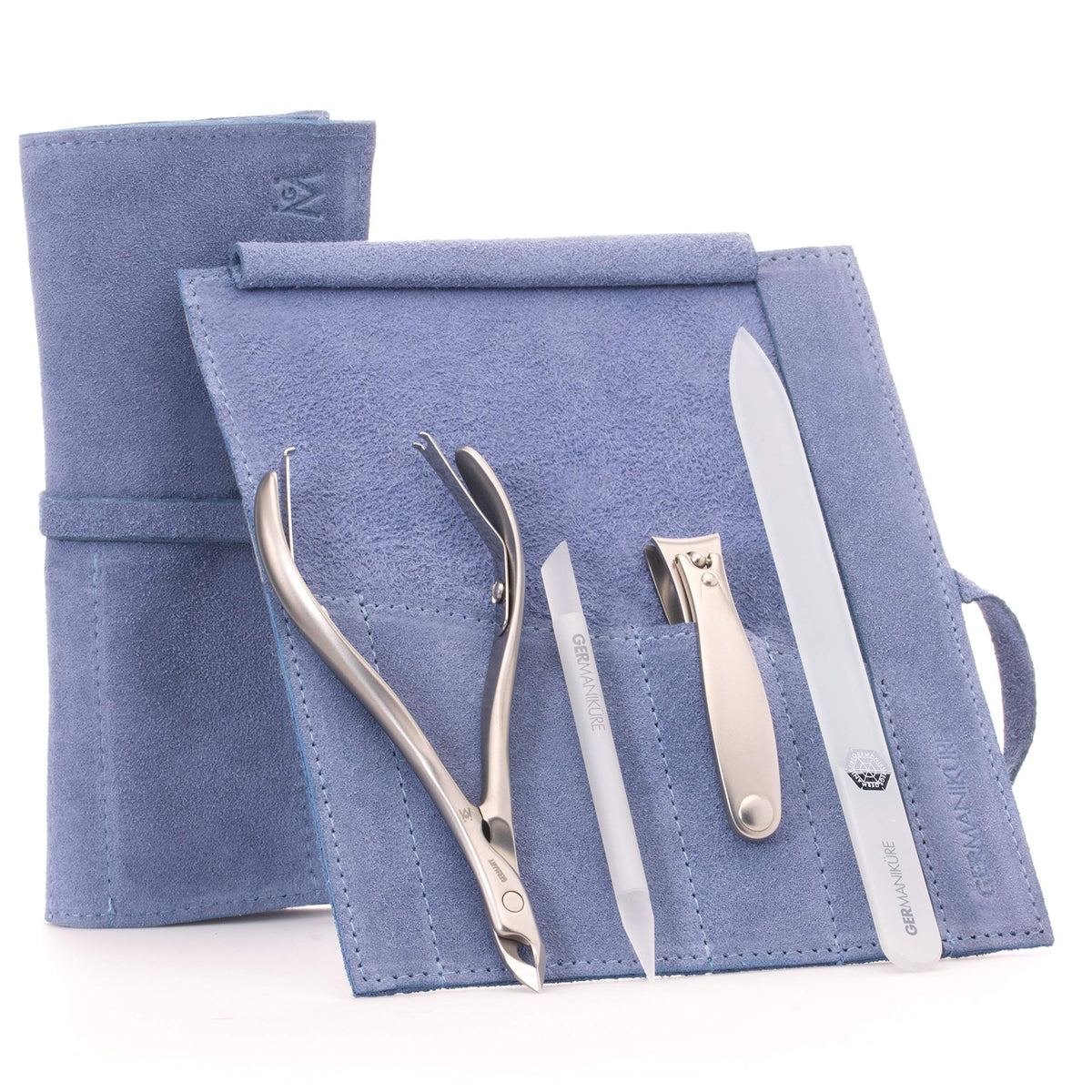 GERMANIKURE 7pc Manicure & Pedicure Set, FINOX Steel, Purple Leather Roll