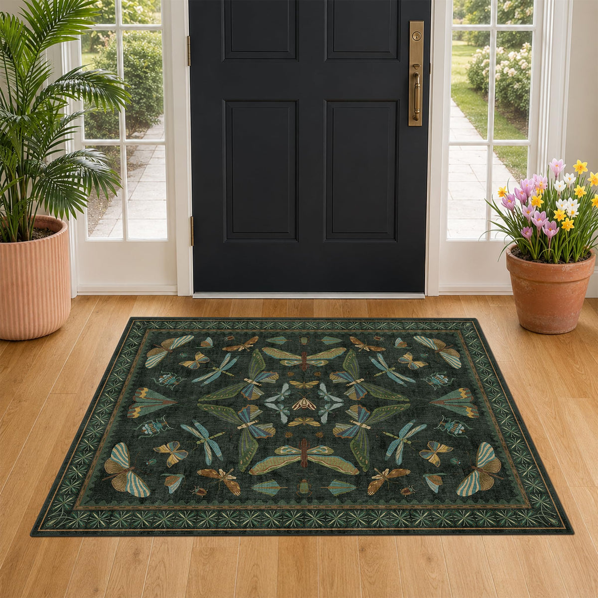 Hazo Haus Dark Green Insect Area Rugs 8x10 for Living Room, Dining Room Under Table, Bedroom, Unique Washable Floral Non Slip Low Pile Soft Rug