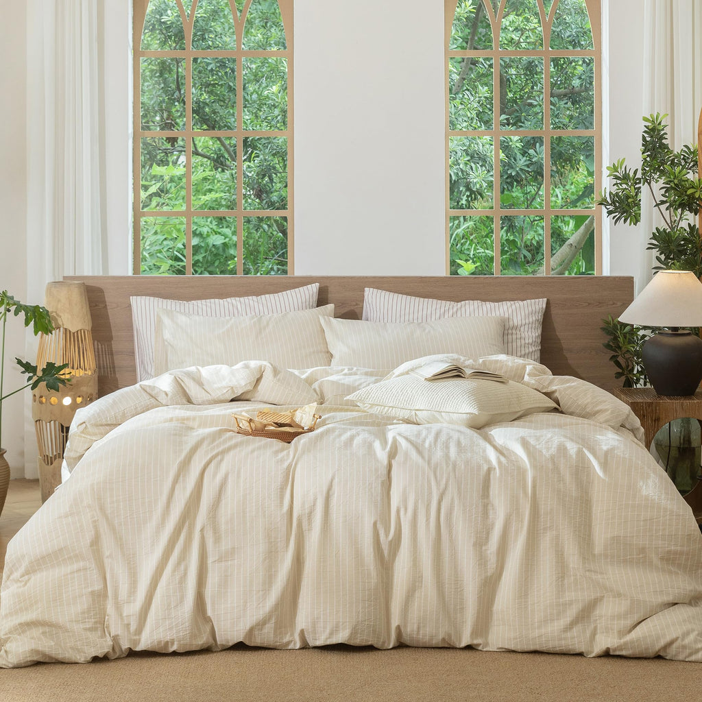 MooMee Striped Duvet Cover Set 100% Washed Cotton Linen Like Queen