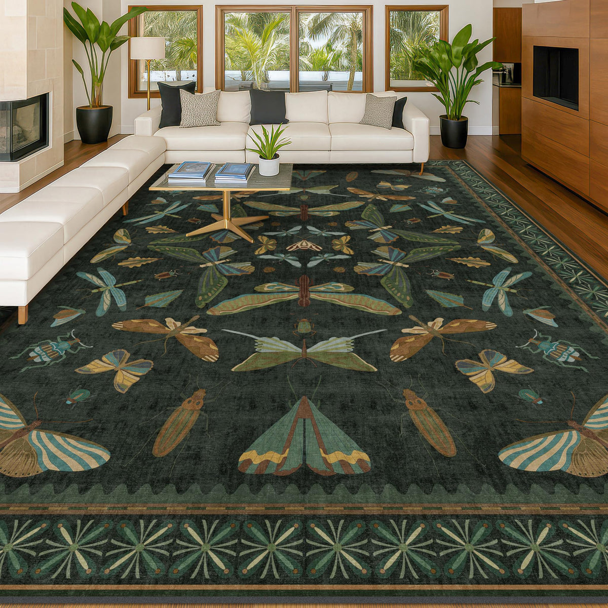 Hazo Haus Dark Green Insect Area Rugs 8x10 for Living Room, Dining Room Under Table, Bedroom, Unique Washable Floral Non Slip Low Pile Soft Rug