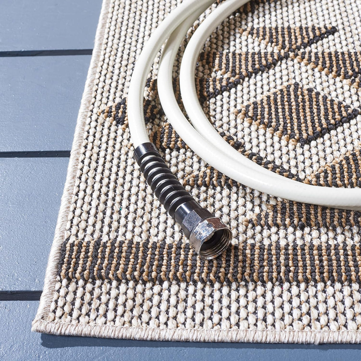 SAFAVIEH Washable Rug Outdoor Global Collection - 5'3" x 7'6", Beige & Dark Beige, Non-Shedding & Easy to Clean, Ideal for Patio, Backyard, Mudroom (GLB210B)