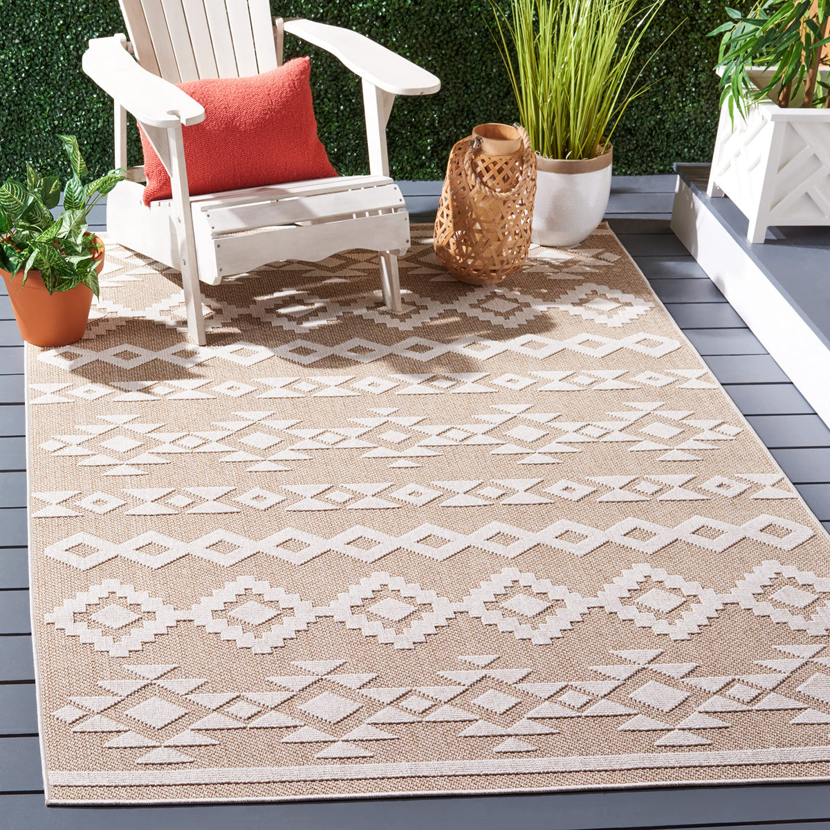 SAFAVIEH Washable Rug Outdoor Global Collection - 5'3" x 7'6", Beige & Dark Beige, Non-Shedding & Easy to Clean, Ideal for Patio, Backyard, Mudroom (GLB210B)