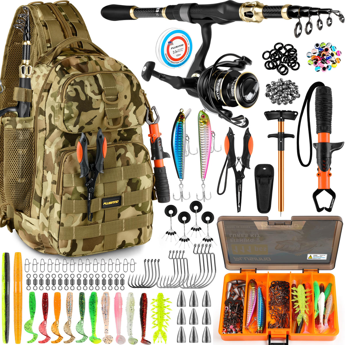 PLUSINNO Fishing Backpack with Rod & Reel Combos, Fishing Gear Kit
