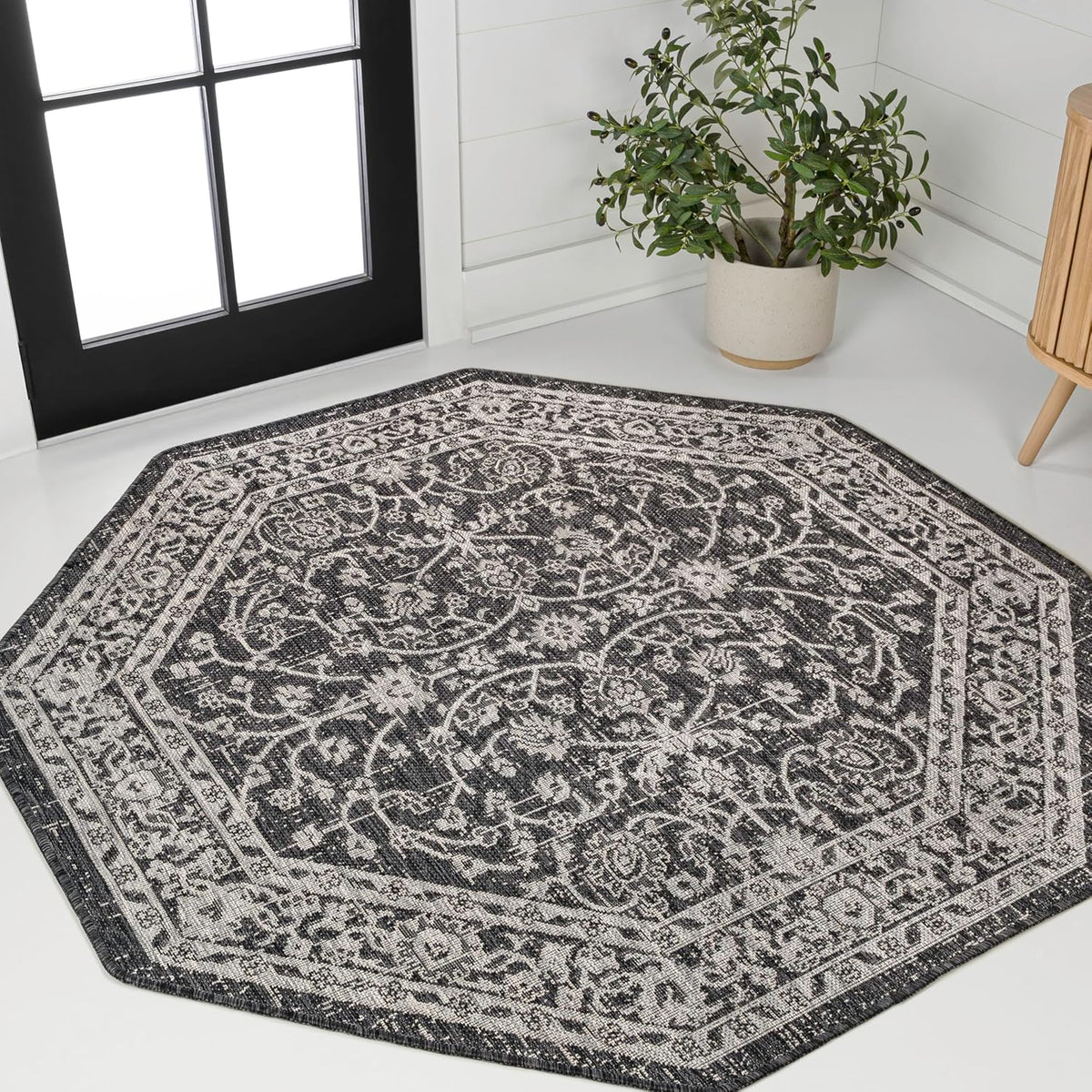 Eyely Vine and Border Octagon Area Rug 5 Ft Black/Gray, Indoor Outdoor Rug