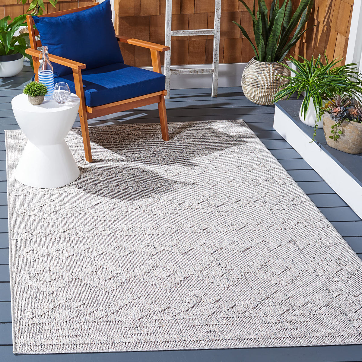 SAFAVIEH Washable Rug Outdoor Global Collection - 5'3" x 7'6", Beige & Dark Beige, Non-Shedding & Easy to Clean, Ideal for Patio, Backyard, Mudroom (GLB210B)