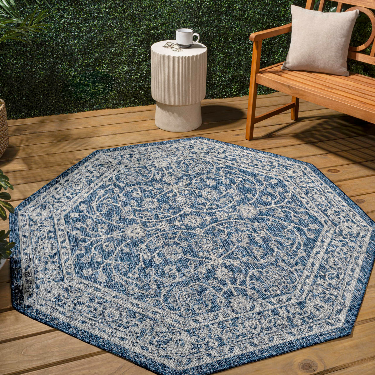 Eyely Vine and Border Octagon Area Rug 8 Ft Navy/Gray, Indoor Outdoor Rug
