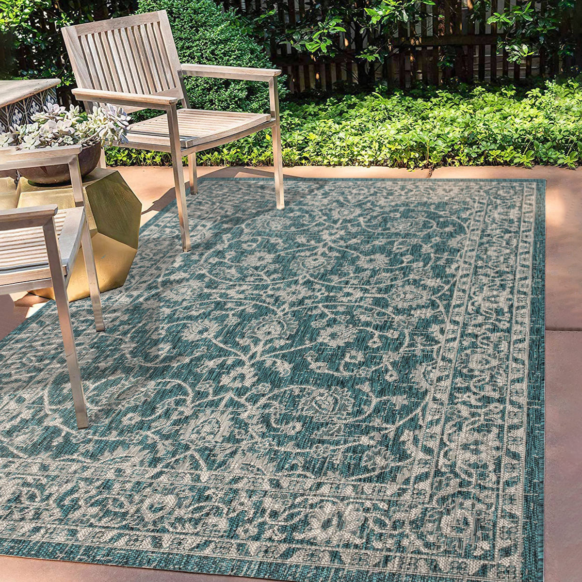 Eyely Vine and Border Octagon Area Rug 8 Ft Navy/Gray, Indoor Outdoor Rug