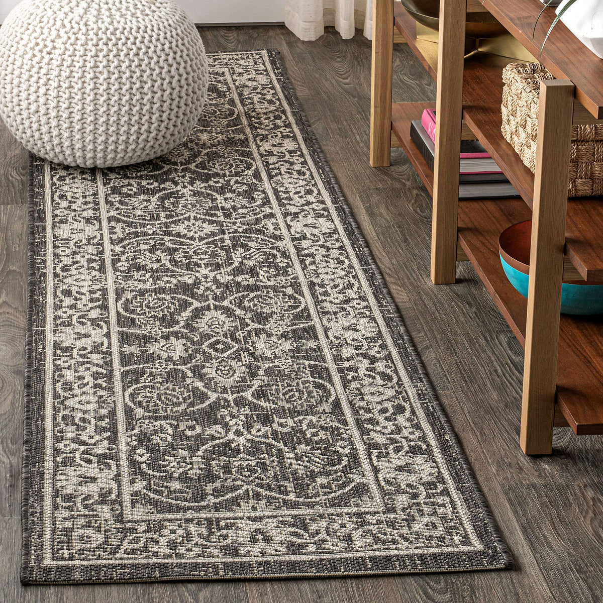 Eyely Vine and Border Octagon Area Rug 8 Ft Black/Gray, Indoor Outdoor Rug