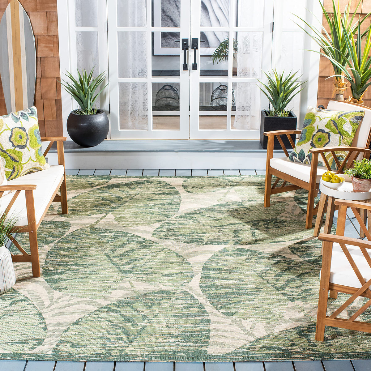 SAFAVIEH Washable Rug Outdoor Courtyard Collection - 6'7" Square, Green & Beige, Non-Shedding & Easy Cleaning, Ideal for Patio, Backyard, Mudroom (CY7556-21812)