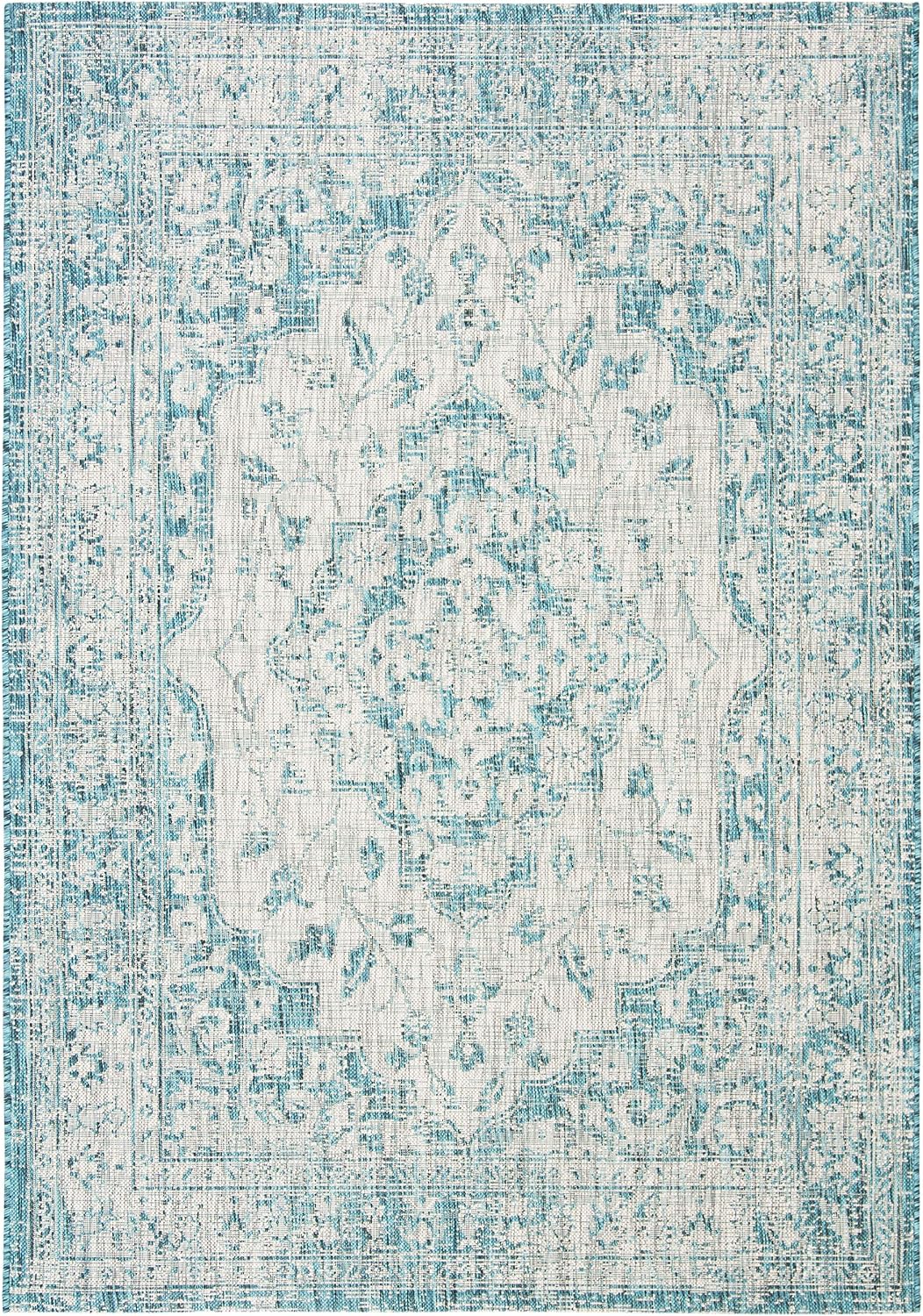 SAFAVIEH Washable Rug Outdoor Courtyard Collection - 6'7" x 9'6", Grey & Blue, Non-Shedding & Easy Cleaning, Ideal for Patio, Backyard, Mudroom (CY8231-37212)