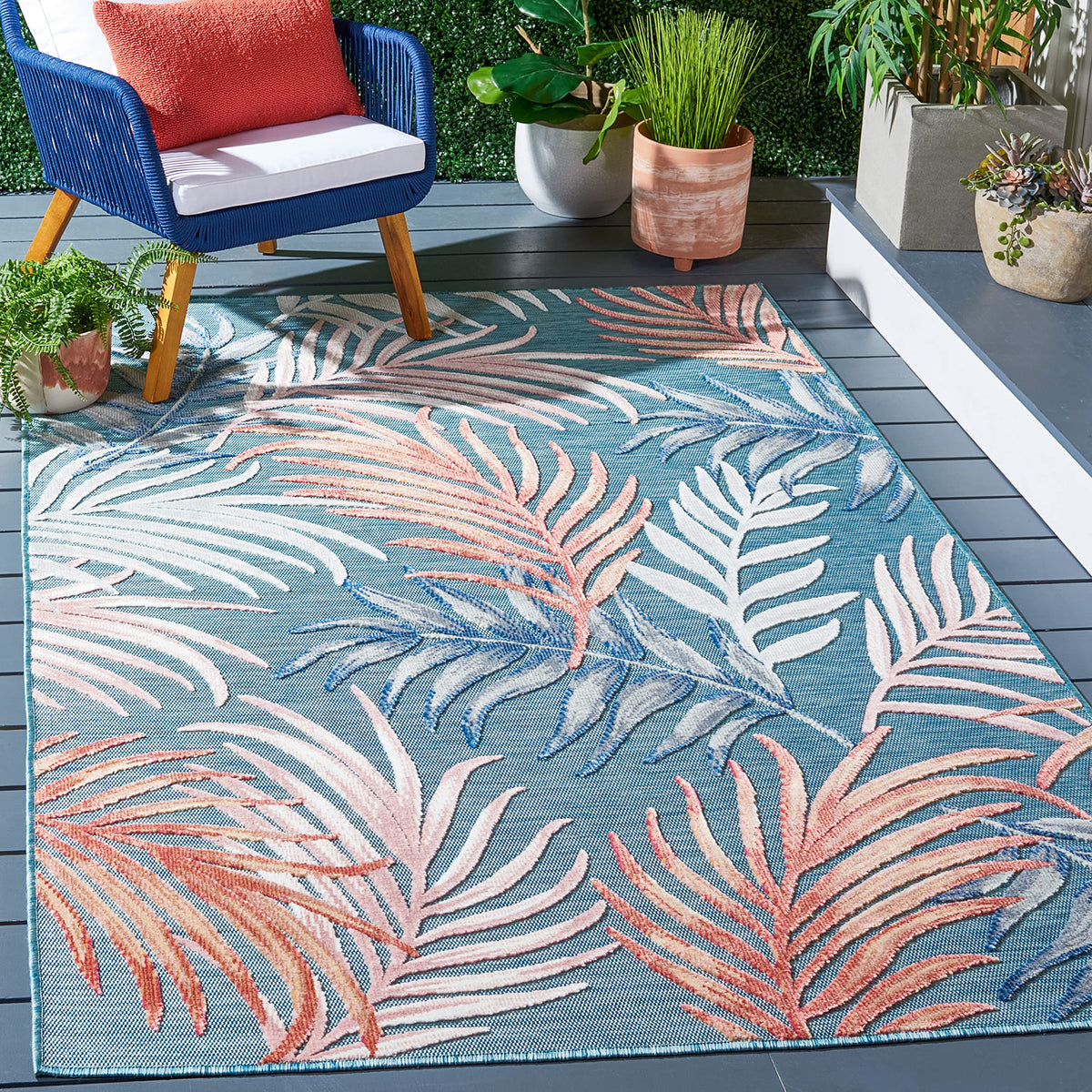 SAFAVIEH Washable Rug Outdoor Cabana Collection - 8' x 10', Blue & Rust, Non-Shedding & Easy to Clean, Ideal for Patio, Backyard, Mudroom (CBN458M)