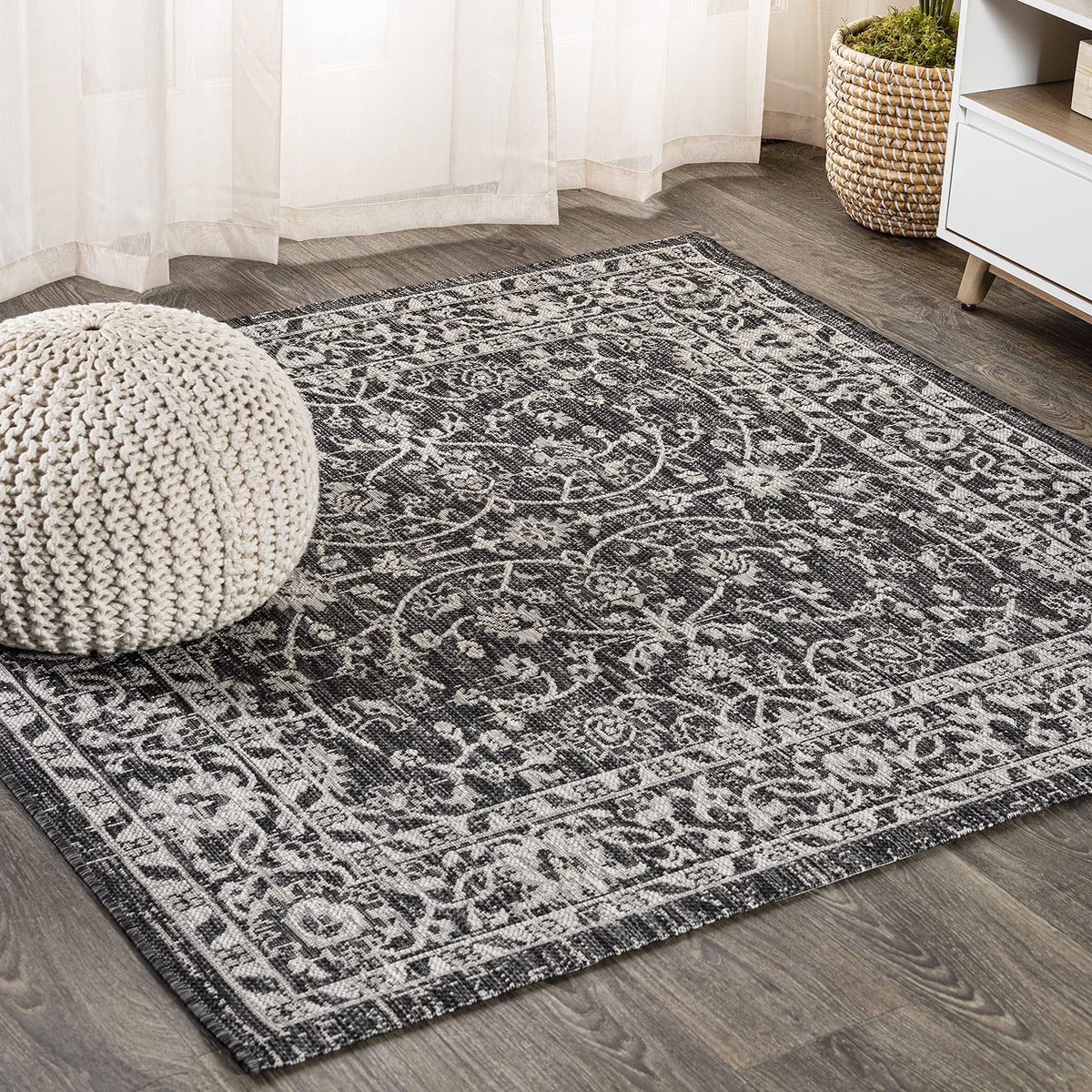 Eyely Vine and Border Octagon Area Rug 8 Ft Black/Gray, Indoor Outdoor Rug