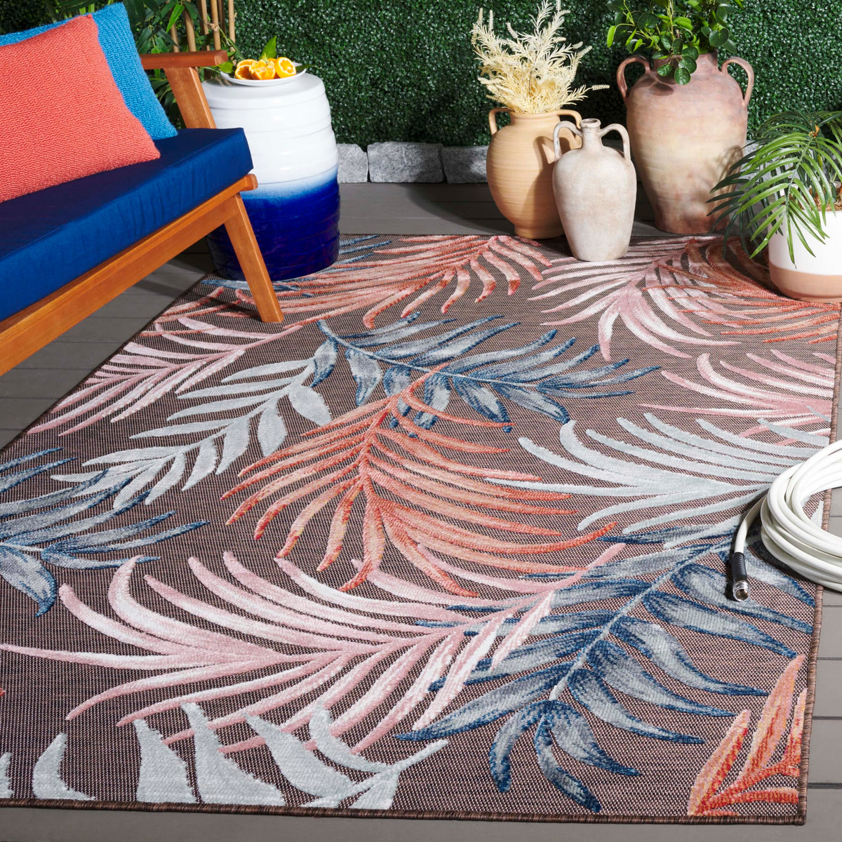 SAFAVIEH Washable Rug Outdoor Cabana Collection - 8' x 10', Brown & Blue, Non-Shedding & Easy to Clean, Ideal for Patio, Backyard, Mudroom (CBN458T)