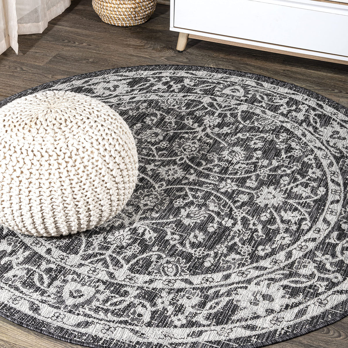 Eyely Vine and Border Octagon Area Rug 8 Ft Black/Gray, Indoor Outdoor Rug