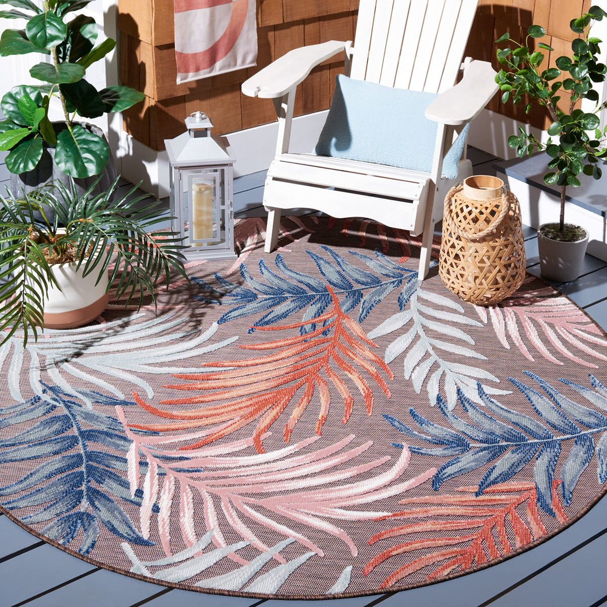 SAFAVIEH Washable Rug Outdoor Cabana Collection - 6'5" Round, Blue & Rust, Non-Shedding & Easy to Clean, Ideal for Patio, Backyard, Mudroom (CBN458M)